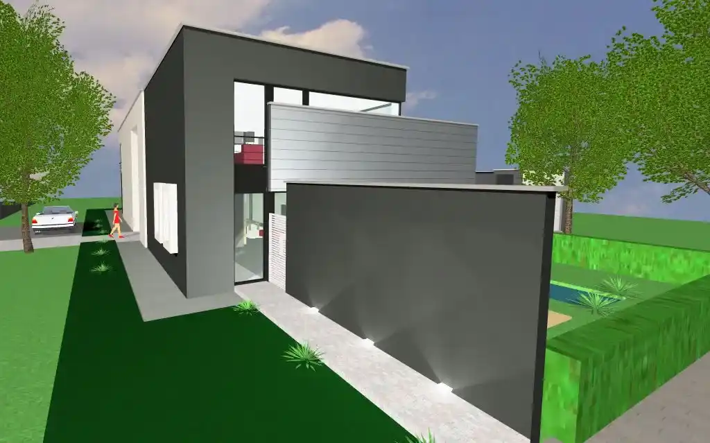 Een render met zijzicht van de nieuwbouw in Lommel