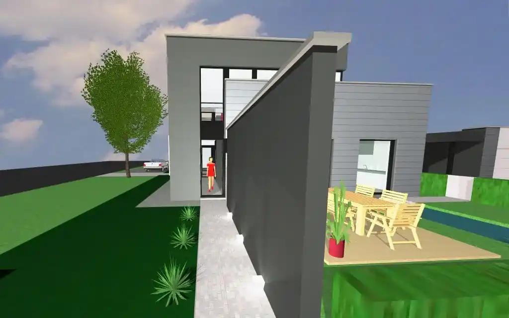 Een render langs de zijkant van de nieuwbouw in Lommel