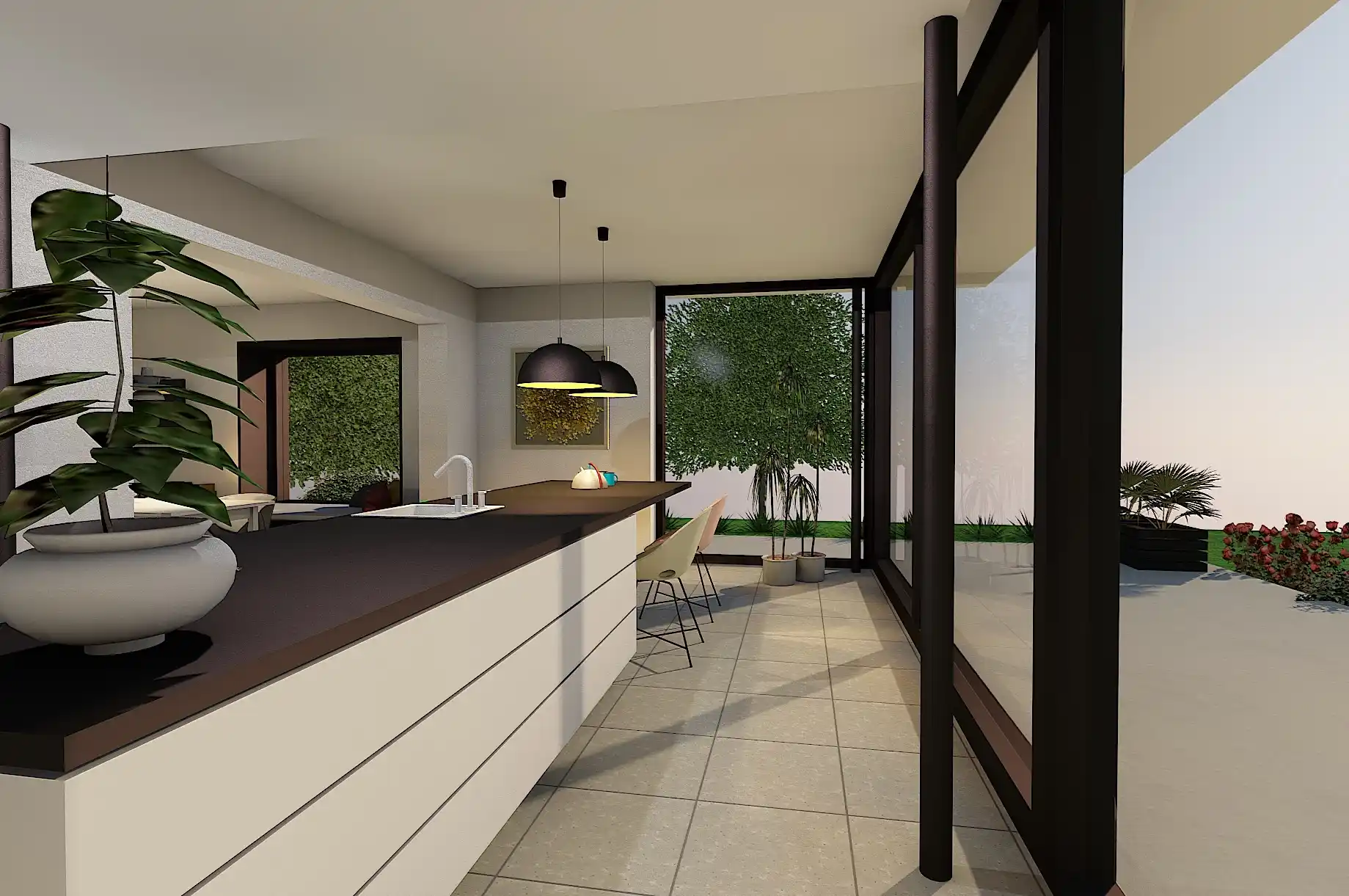 Een render van de keuken van de 3-gevel woning