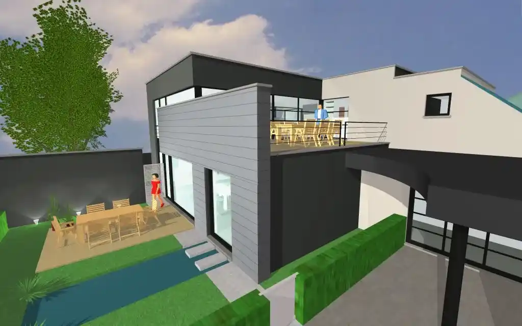 Een render van de nieuwbouw waar je de tuin ziet