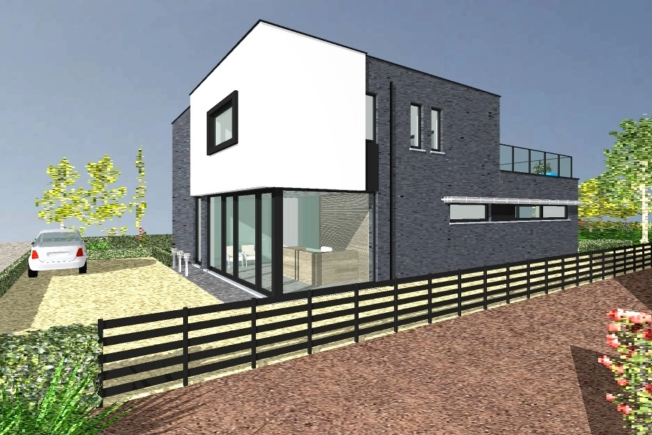 Een render van de zijkant van de nieuwbouw in Hechtel