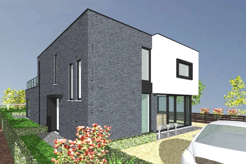 Een render van de voorkant van de nieuwbouw in Hechtel waarbij je de zijkant ook ziet