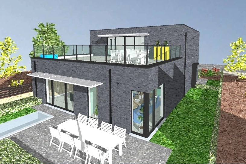 Een render met isometrisch perspectief van de nieuwbouw in Hechtel